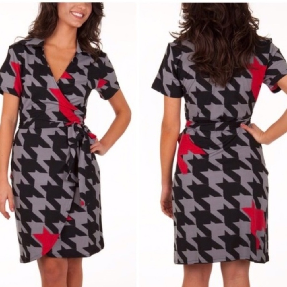 Gray Short Sleeve Houndstooth Print Wrap Dress M